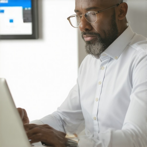 Business owner optimizing Google Business Profile on laptop with SEO icons.