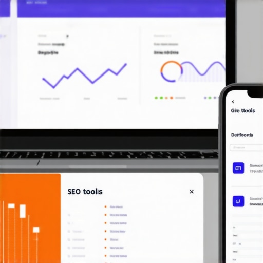 Digital SEO Workspace with GBP Tools Laptop and smartphone with SEO and Google Business Profile management interfaces.