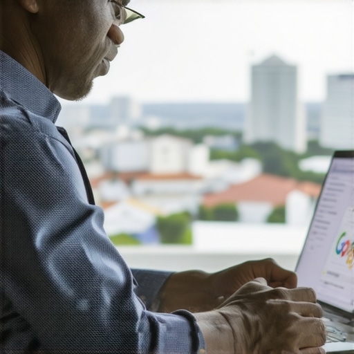 Person updating Google Business Profile on laptop with city background