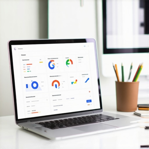 A workspace with a laptop screen showing SEO analytics dashboards and digital tools used for GBP management.