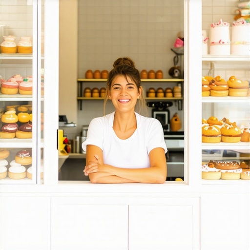 A bustling bakery storefront with colorful display and happy staff preparing bread