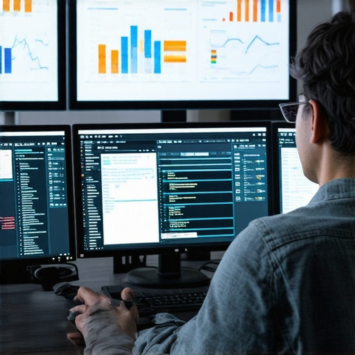 Person analyzing local SEO performance with multiple monitors showing graphs and lists.