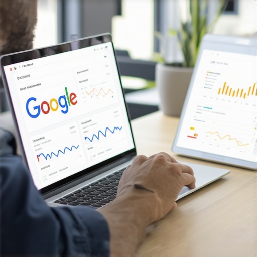 Business owner updating Google Business Profile on laptop with ranking charts