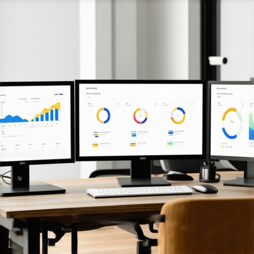 Optimizing GBP with Essential Tools A modern desk setup showing screens with SEO analytics and citation management tools for GBP maintenance
