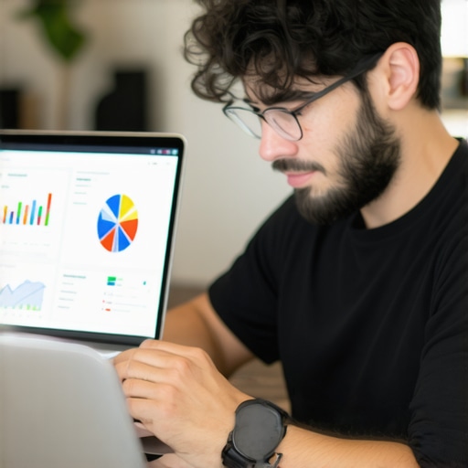 Business owner adjusting profile settings on a laptop showing analytics and photos for GBP optimization.