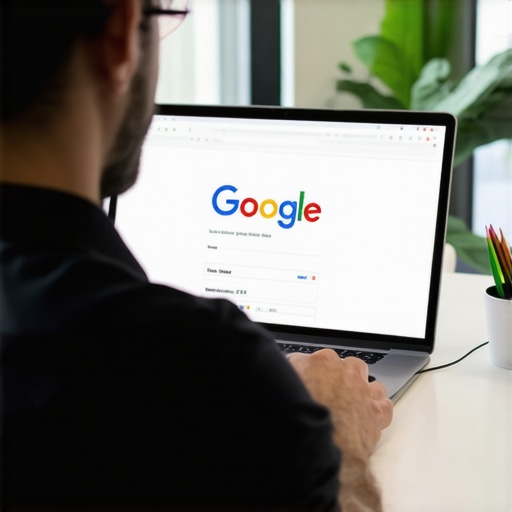Business owner editing Google Business Profile on laptop in bright office