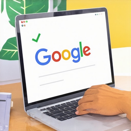 Person editing Google Business Profile on a laptop with checklist overlay.