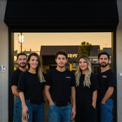 Team photo in front of local storefront at sunset