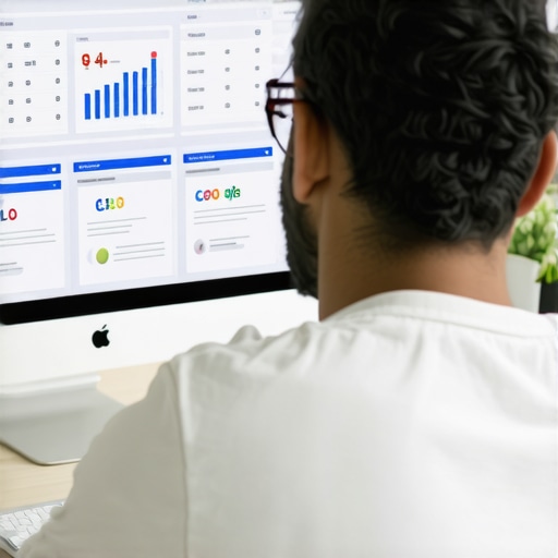 Digital marketer reviewing local SEO metrics on computer screen.