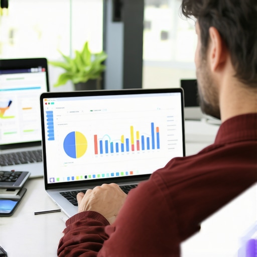 Marketer analyzing Google Business Profile metrics on a laptop with various SEO tools around.