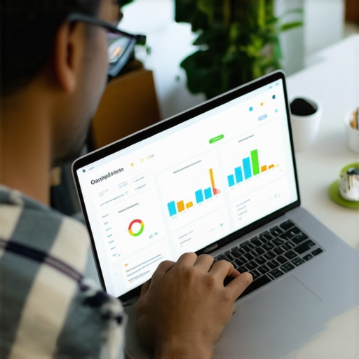 Digital marketer editing Google Business Profile on laptop with SEO charts.