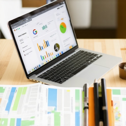 Business owner optimizing Google Business Profile on laptop surrounded by maps and charts.