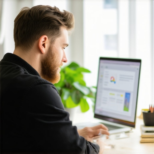 Business owner updating Google Business Profile on laptop in office environment
