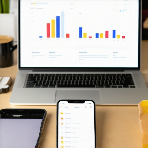 Desk setup with laptop and smartphone showing local SEO analytics and reviews.