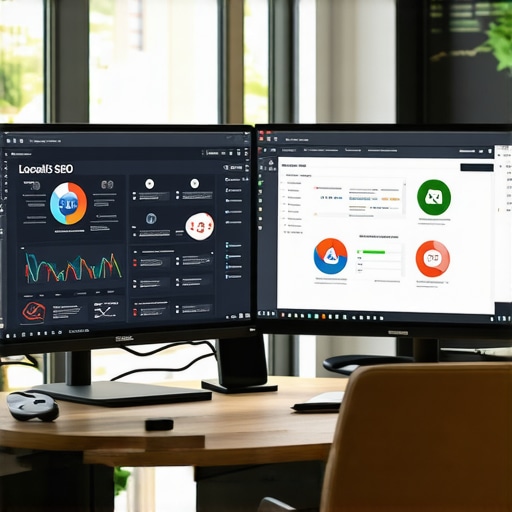 A workspace setup with screens showing local SEO dashboards and optimization tools.