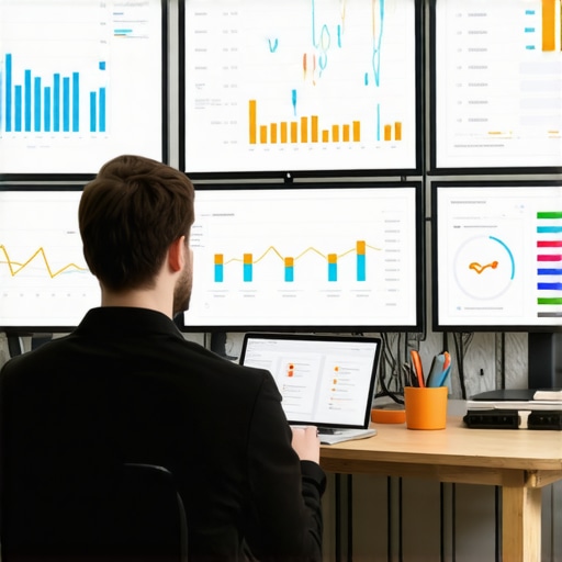 A person working with various SEO analytics tools displayed on screens to manage Google Business Profiles.