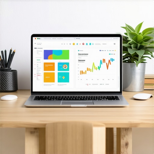 A desk setup with a laptop showing local SEO dashboards, planner, and geotagging tools